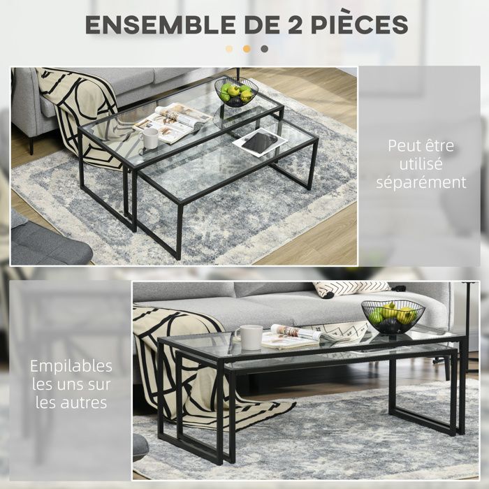 Tables Gigognes Verre Et Métal - Set De 2 Tables D'appoint Texture X2 Pour Salon, Dimensions 40 Et 35 Cm