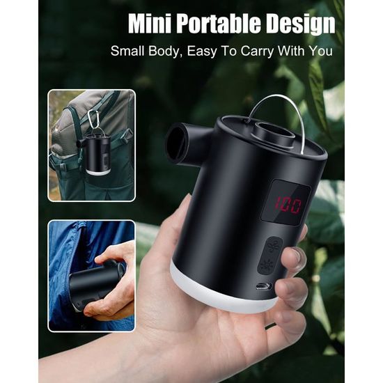 Mini Pompe à Air électrique Rechargeable 4000mAh – 3 Buses, éclairage LED, Pour Matelas Et Piscine Gonflable, Camping
