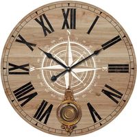 Grand horloge murale ronde avec pendule décoratif dessin boussole avec chiffres romains, bois MDF marron, décoration murale design