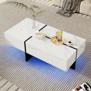 TABLE BASSE Table basse - Marque - Imitation marbre - LED - 3 tiroirs - Blanc