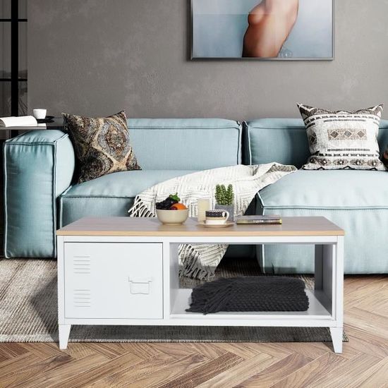 LIVERPOOL Table basse rectangle avec niche et tiroir - Décor chêne et blanc  - L 120 x P 40 x H 46 cm