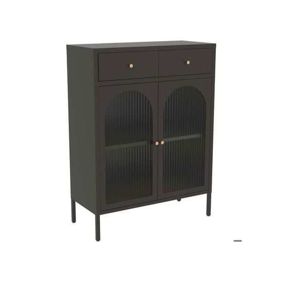 Meuble Vitrine Métal Noir et Verre - 80x35 cm, Poignées Dorées – Décoration Bohème