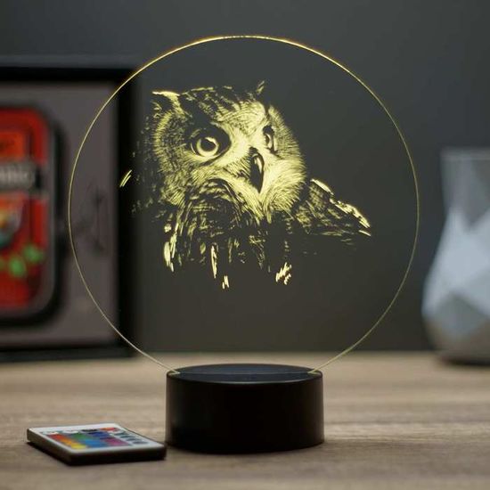 Lampe veilleuse en bois hibou bleu moutarde