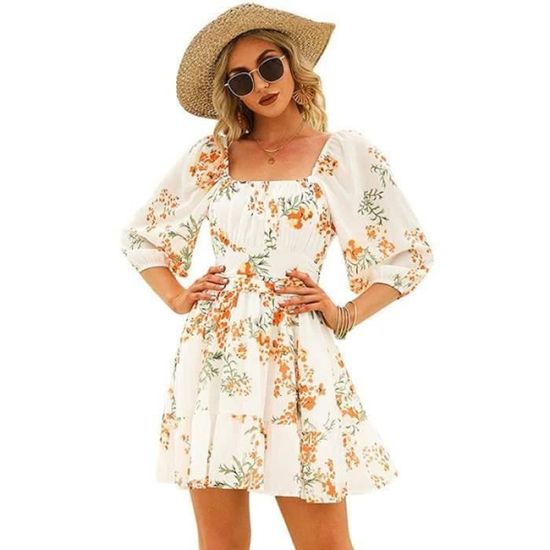 ROBE Robe Femme ??t?� Florale Imprim?� Robe Courte Manches Mi-ongues Col carr?� Mode S--XXL Or 