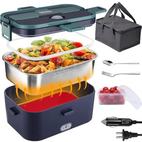JOPWUE 1L Gamelle Chauffante Avec Batterie,Lunch Box Chauffante Peut écran Tactile,Rechargeable Puissance Lunch Box Avec Minuterie,Vaisselle En Acier Inoxydable Et Sac Isotherme Amovibles (Blanc