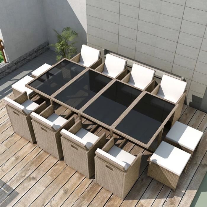 Mobilier de jardin avec coussins 13 pcs Résine tressée Beige