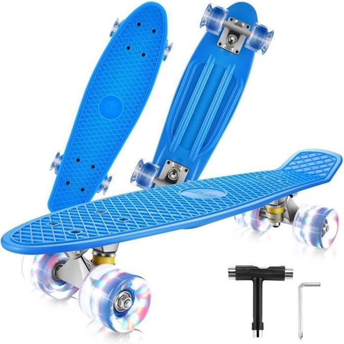 22- Skateboard Planche à roulettes, 4 Roulettes Lumineuses en PU 78A, Mini Cruiser Skateboard pour Fille Garçon Adulte, Bleu