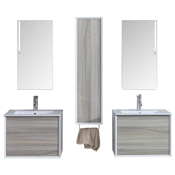 Ensemble de salle de salle double vasque avec colonne de rangement et miroir LED – Bois clair