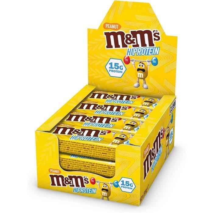 M&M's Hi Protein Peanut Bar 12 x 51g Snack Enrichi en Proteines M&M's, Peanuts, Caramel and Milk Chocolate Contient 15g Proteine