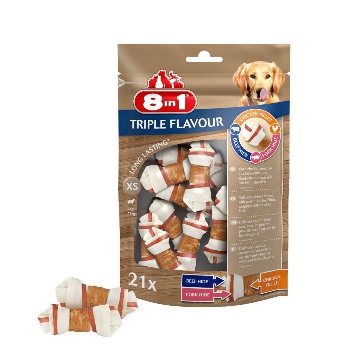 8in1 Triple Flavour Os à mâcher Premium XS aux Bœuf, Porc, Poulet - Pour chien de petite taille - 10 pièces