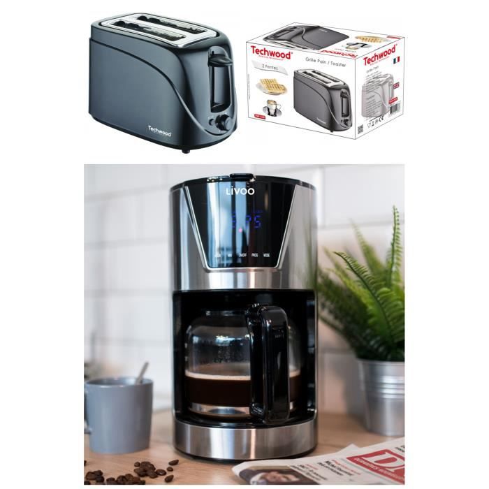 Cafetière Machine à café Programmable Inox 1.5L 900W + Grille pain 2 Fentes 700W Ejection automatique ou manuel