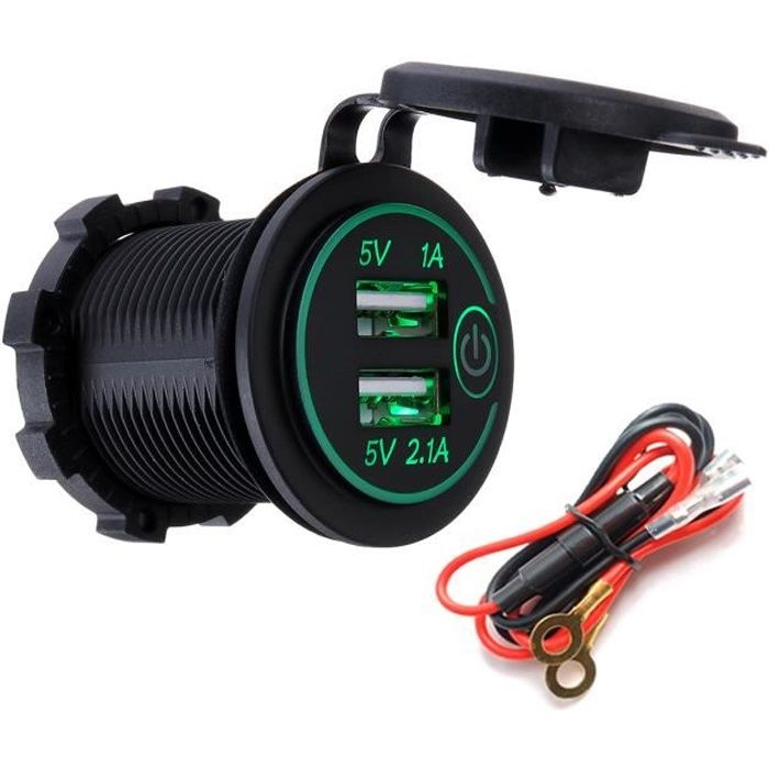 TEMPSA Adaptateur Prise 12V-24V 2 USB Allume-cigarette Chargeur + Câble our Moto Bateau Voiture Vert LED