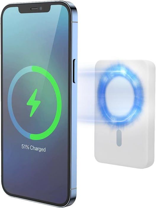 Power Bank Magnétique 5000mAh Sans Fil – Blanc, Pour IPhone 12 Et Plus, Slim