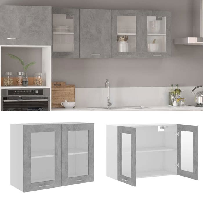 unique armoire en verre suspendue,commode meuble haut de cuisine gris béton 80x31x60 cm aggloméré 15116