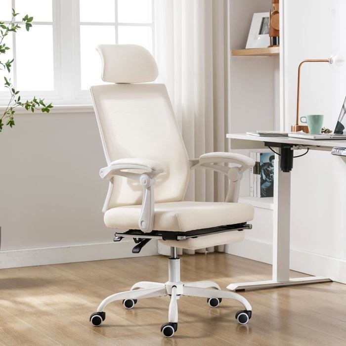 GOOBUY Chaise Bureau Ergonomique Hauteur et Appui-tête Réglable Repose Pieds Capacité 136kg Maille Respirant Beige