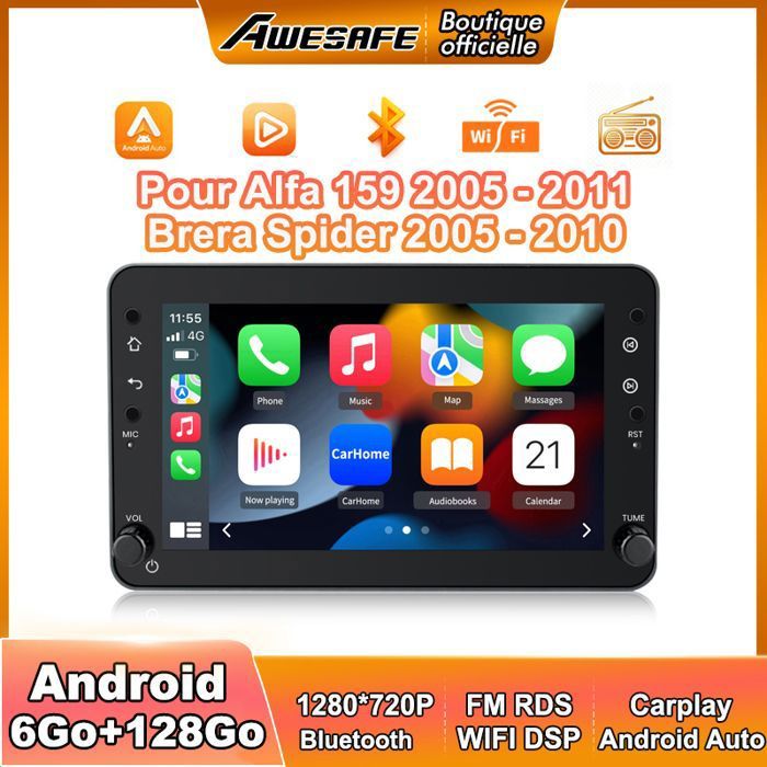 AWESAFE 4G Autoradio Android 13 pour Alfa 159 Brera Spider 6Go+128Go avec 7 Écran Tactile Carplay Android Auto GPS WiFi FM