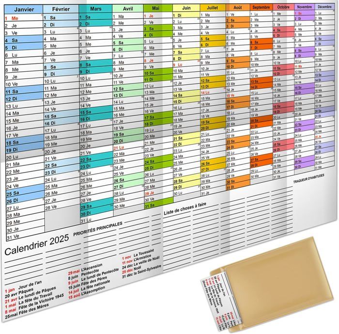 Calendrier Mural A1 2025-2026 Année Scolaire - 59,4x84,1 Cm - D'août à Août - Multicolore