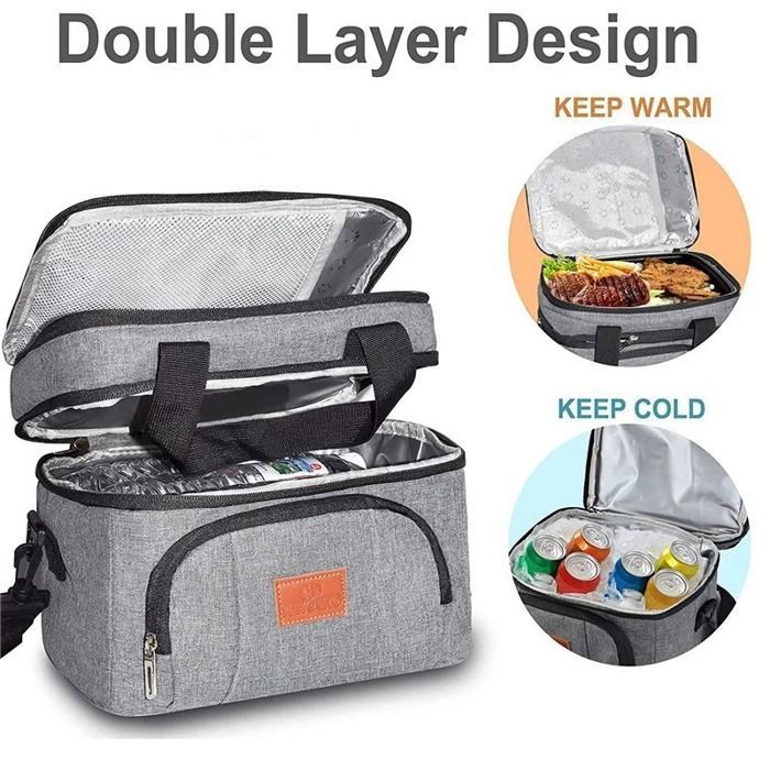 Sac isotherme repas 33×26×29 cm – grande capacité garde chaud/frais étanche sangle réglable – gris