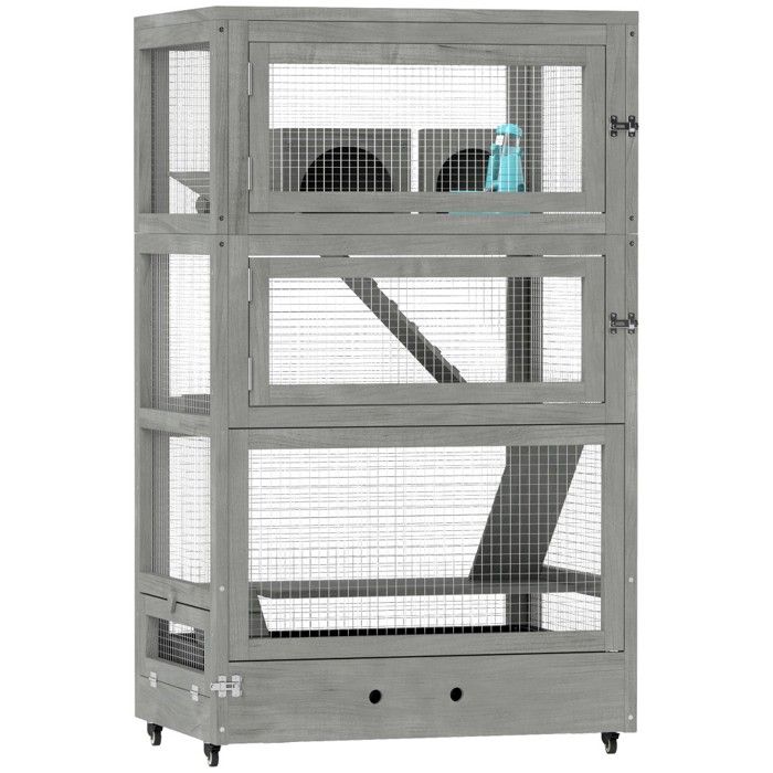 Meilleurs prix pour Clapier Cage Hamster Nain Bois 65x45x109cm - 4 Niveaux Avec Cabanes&balançoire&roues - Serrure & Rampes Gris