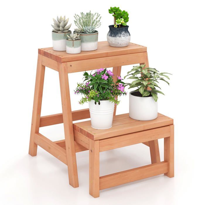COSTWAY Escabeau 2 Marches Marche Pied Pliable 3 en 1 Structure en H Jardiniere Balcon Charge 250 kg 50 × 39 × 45 cm Naturel