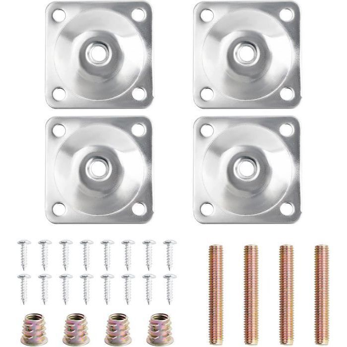 Lot de 4 M8 Plaques de Montage de Pied avec Boulons et Vis Plaques de Fixation pour Pieds de Meubles Argent Supports PIED DE MEUBLE