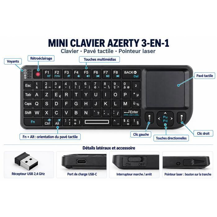 Mini clavier sans fil 3-en-1 : clavier AZERTY pavé tactile et pointeur laser