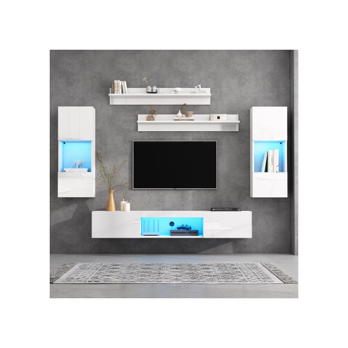 Meuble TV mural en bois 175cm blanc brillant avec LED+2 armoires ...