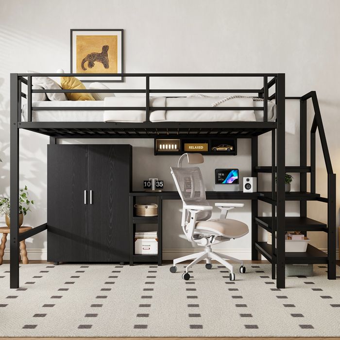 Lit Mezzanine 140 X 200 Cm Avec Bureau Et Penderie Ouverte - Port USB Et LEDs - Métal - Noir (Sans Matelas) | Leroy Merlin