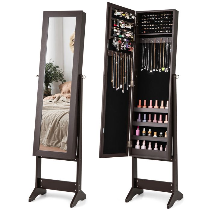 Armoire à Bijoux sur Pieds - RELAX4LIFE - Miroir Pleine Longueur HD - 3 Angles Réglables - Grand Espace de Rangement - Marron Foncé
