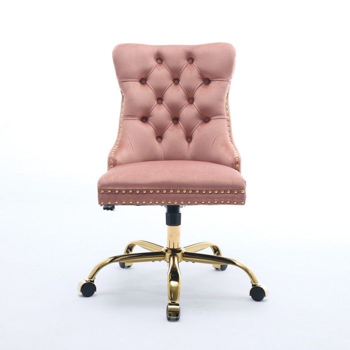 Chaise bureau velours rose pivotante réglable 63x50x98cm - Chaise moderne capitonnée à base métal doré pour domicile Chaise bureau velours rose pivotante réglable 63x50x98cm - Chaise moderne capitonnée à base métal doré pour domicile