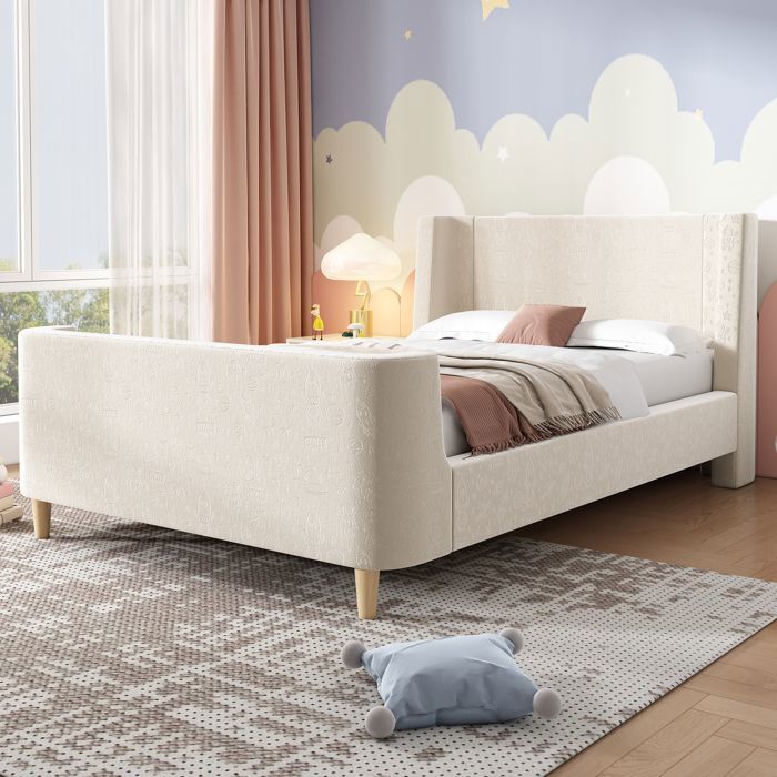Lit enfant Maisentiel 90x200 cm velours beige - lit traîneau au motif cosmique et tête rembourrée
