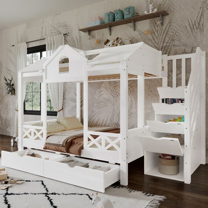 Lit Superposé Enfant 90x200 cm + 140x200 cm avec 2 Tiroirs à Roulettes Escalier de Rangement Jolies Fenêtres et Toit - Pin - Blanc