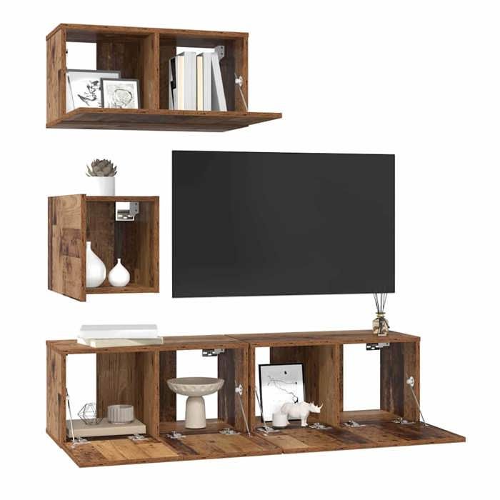 Cabinet TV - Marron - SWEETY®Set de Meubles TV Modernes mural - Armoire télé - 4 pcs - Bois Ancien - bois dingénierie 9507511