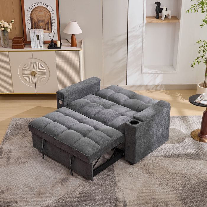 ELVMI Canapé-Lit 3-en-1 2 Places Convertible avec Ports USB et Type-C Plateau Rotatif Caché et Support pour Boissons - Gris