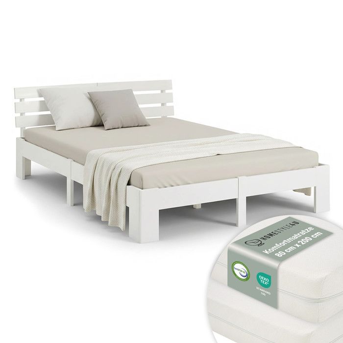 Lit en Bois 160x200 cm Blanc Lit Double avec 2 Matelas Massif Chambre Enfant Adolescent Invité