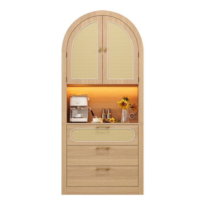 LPOSPI Armoire vitrine de rangement avec led réglable et 3 tiroirs - portes en rotin mdf blanc et naturel