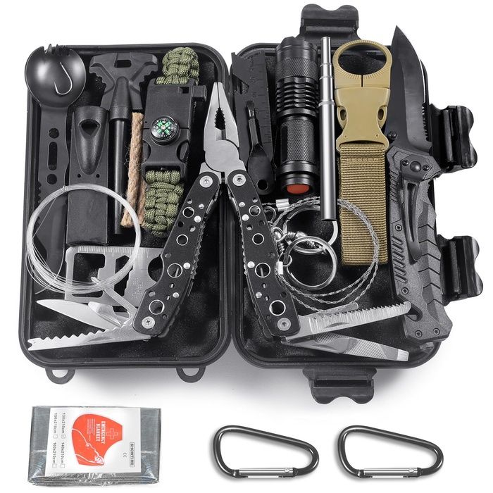 14 en 1 Trousse de Survie Trousse de Survie Polyvalente Trousse de Premiers Soins pour Les Sports de Plein Air Coutea PACK MATERIEL