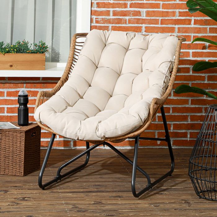 Fauteuil lounge de jardin aspect rotin 75 x 101 x 90 cm naturel/kaki/noir avec coussin et cadre métal