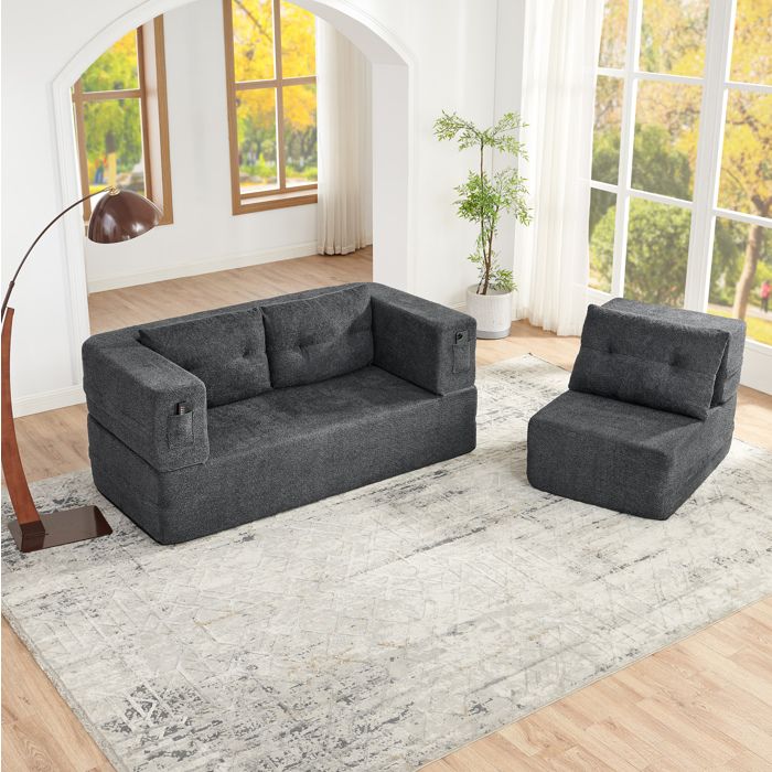 Canapé modulable convertible 2 places avec fauteuil tissu gris foncé sans montage mousse à mémoire de forme
