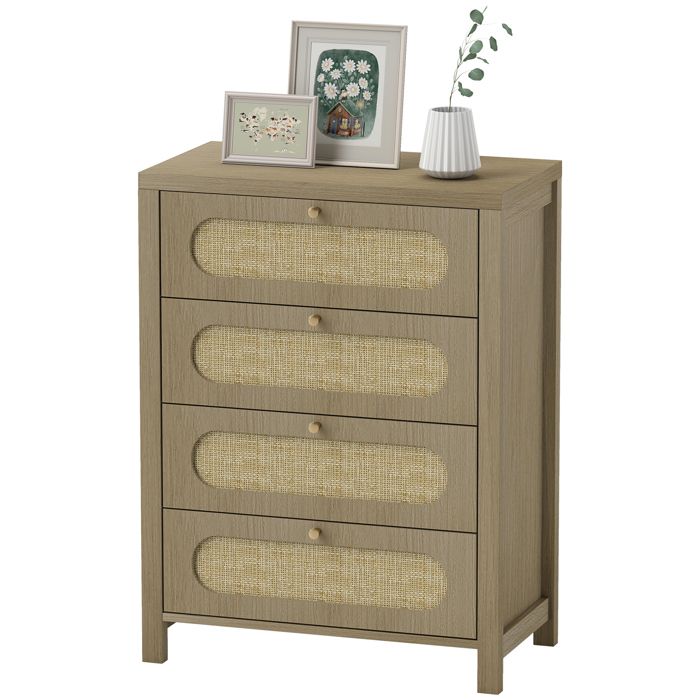Commode 4 tiroirs meuble de rangement style bohémienne avec portes résine tressée 70 x 38 x 93 cm effet bois naturel