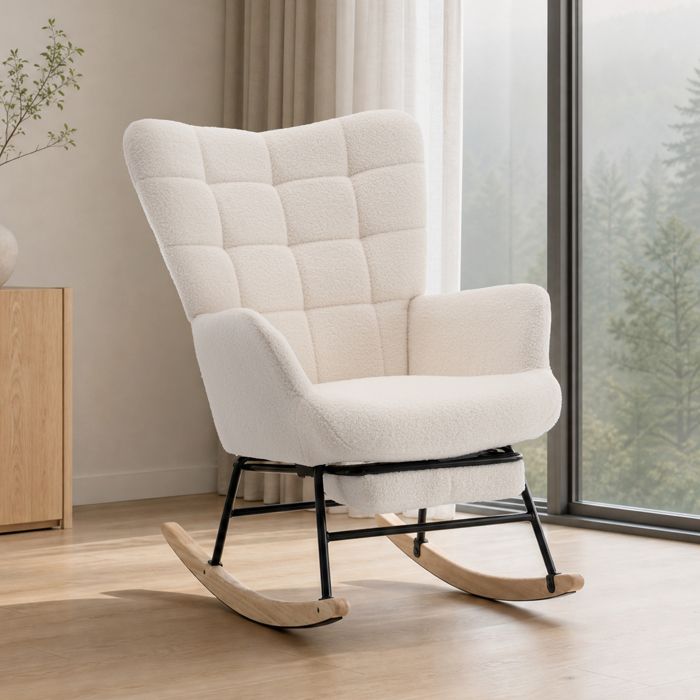 Fauteuil à bascule blanc cassé avec structure en fer rembourrage en coton pieds en bois dhévéa