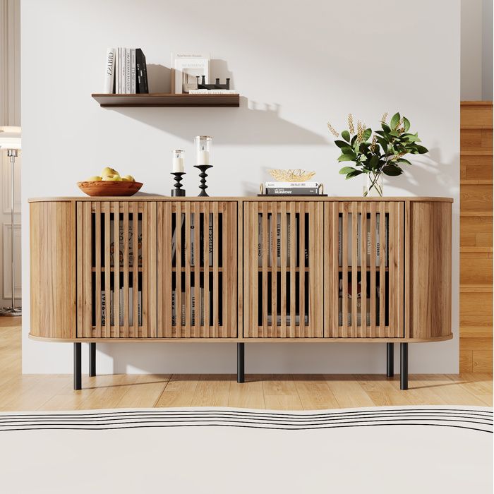 Maisentiel Buffet bas 160x40x70 cm en MDF naturel 4 portes coulissantes perforées pieds métal