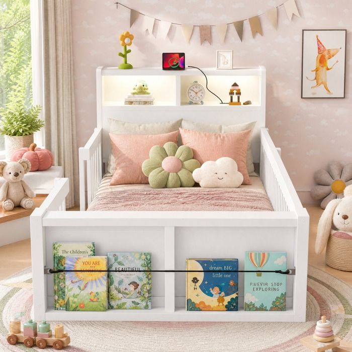 Lit enfant blanc 90 x 190 cm avec barrières hautes USB intégré veilleuse et rangements au pied du lit