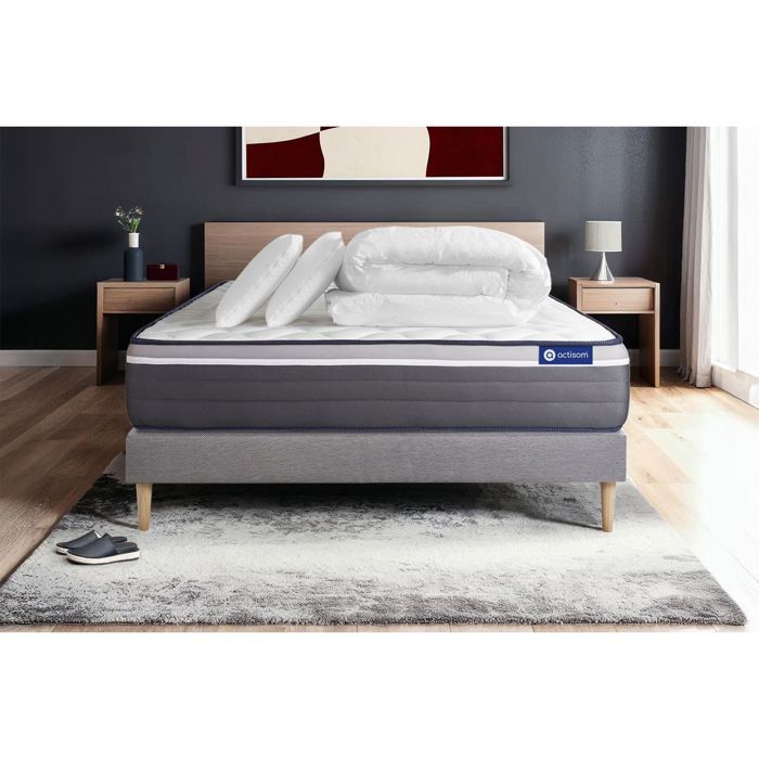 Pack lit complet 200x200 cm - Matelas + Sommier Gris (en kit) + 2 oreillers + Couette - Actilatex Pl