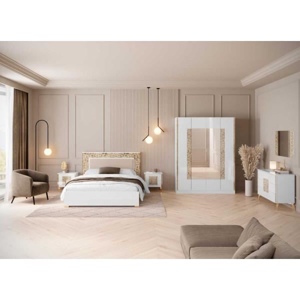 Chambre complète 160x200 Blanc brillant/Or - NAHESA - Blanc - Bois - Cadre de lit : L 168 x l 215 x H 112 cm - Armoire : L 162 x l
