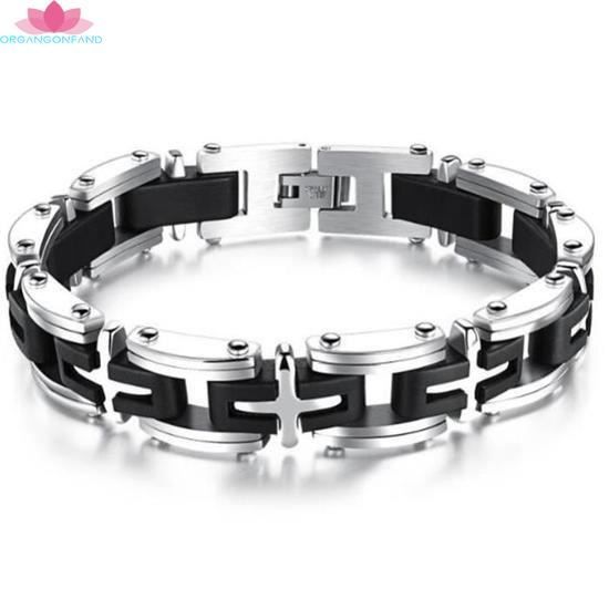 Bracelet en acier inoxydable bracelet argent pour homme hommes noir croix 21 cm LIFE STYLE