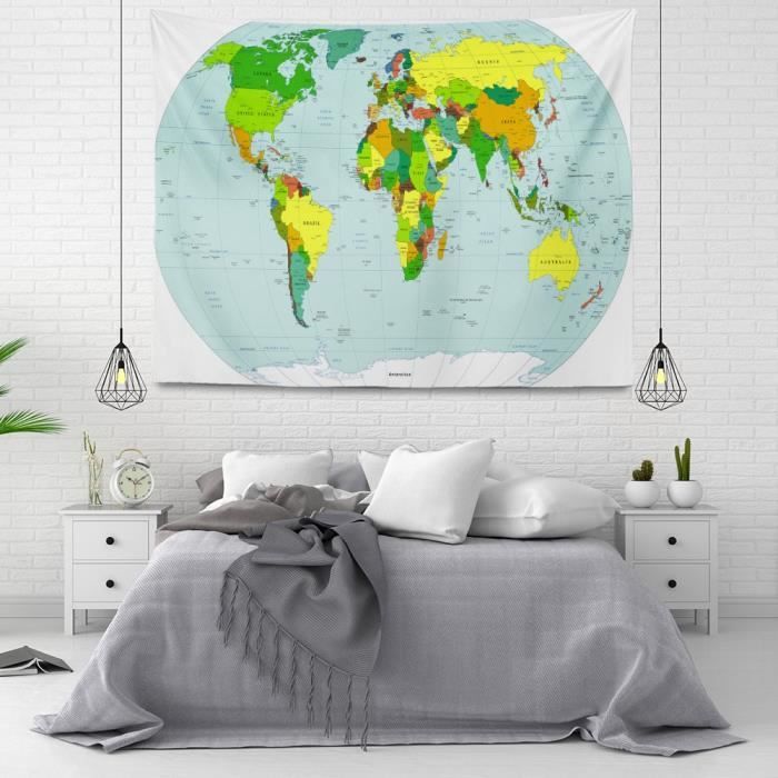 Tapisserie Carte Du Monde Animaux 150x130cm - Décoration Enfant Chambre, Salon - Polyester