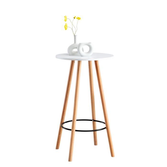 table haute de bar mijas - clp - plateau rond - pieds en bois - repose-pieds en métal - blanc