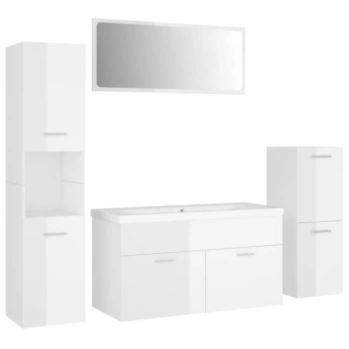Ensemble Meuble Salle De Bain Blanc - Meuble Vasque + Armoire Haute + Miroir - Aggloméré