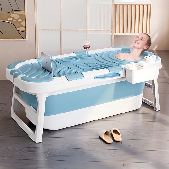 Dnkelar Baignoire pliable pour adulte Baignoire portable avec Couvercle amovible pour salle de bain Bleu 120 x 58 x 48 cm